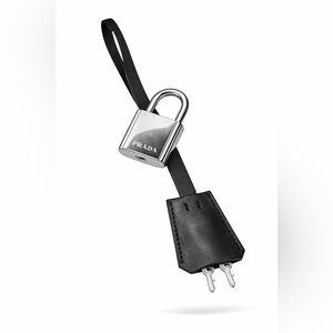 Like New Authentic Prada Silver and Black Leather Bag Tag with Lock